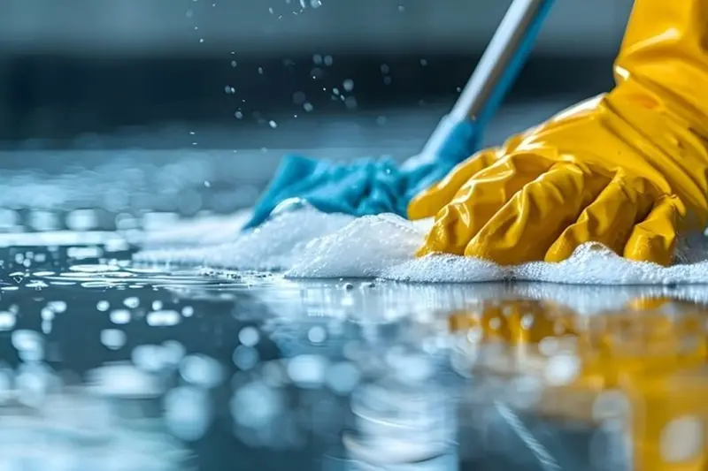 Tạp vụ theo giờ TP.HCM — lau sàn ướt bằng cây lau và găng tay bảo hộ